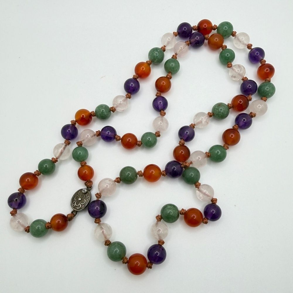 32" 10mm, Multi-stone and hand knotted necklace w/ ornate sterling silver clasp!